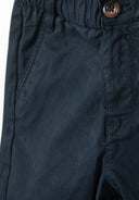 Detail of navy shorts with adjustable waistband and side pocket.