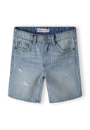 Boys denim shorts in light blue with ripped details, front view featuring pockets and button closure.