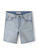 Light blue denim shorts for boys with ripped design, front view, featuring pockets and button fastening.
