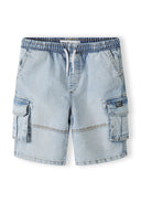 Boys light blue denim cargo shorts, front view, featuring elasticated waistband and large side pockets.
