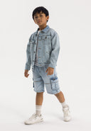 Boys light blue denim cargo shorts with elasticated waistband and large side pockets.