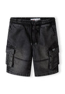 Boys black denim cargo shorts, front view, featuring large cargo pockets and drawcord waistband.