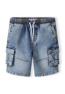 Boys denim cargo shorts, front view, featuring large cargo pockets and drawcord waistband.