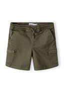 Boys khaki knitted cargo shorts, front view, featuring drawstring and side pockets.
