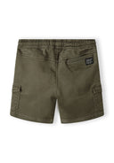 Back view of boys' khaki knitted cargo shorts with drawstring and side pockets.