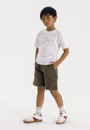 Boys khaki knitted cargo shorts with drawstring, front view, featuring side pockets.