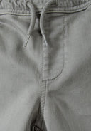 Detail of boys' grey knitted cargo shorts with drawstrings and side pockets.