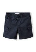 Boys knitted cargo shorts in navy, front view with elastic waistband and two side pockets.