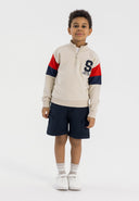 Boys navy knitted cargo shorts with elastic waistband and side pockets, front view.