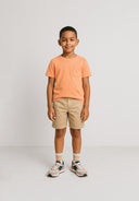 Boys grey woven chino shorts, front view, with belt loops and side pockets.