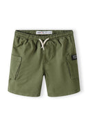 Boys khaki woven cargo shorts with elasticated waistband and side pockets, front view.