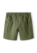 Back view of boys khaki woven cargo shorts with elasticated waistband and side pockets.