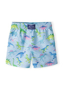 Boys board shorts, light blue with dinosaur print, front view, adjustable drawstring waist.