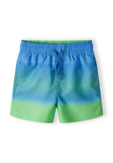 Boys board shorts in blue and green with adjustable drawstring and side pockets.