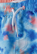 Boys swim shorts all-over print quick-dry blue 3-14y featuring adjustable drawstring waistband and vibrant blue tie-dye patterns.