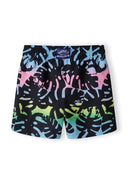 Boys board shorts in black with a colorful tropical print, back view, featuring an adjustable waistband.
