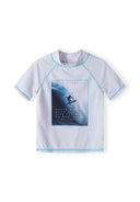 Boys short sleeve rash top in white with water sports print, front view.
