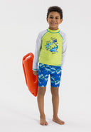 Boys swim set with long-sleeved rash top and swim shorts, featuring shark print, front view.