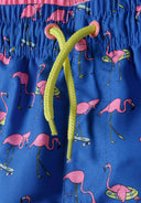 Boys board shorts adjustable drawstring cobalt blue 3-14y with bright pink flamingo print and yellow drawstring.  