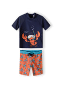 Boys two-piece swimwear set with a navy rash top featuring a lobster print and orange swim shorts with lobster patterns.