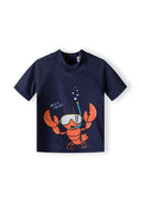 Navy boys rash top featuring a lobster graphic with snorkel and 'Beach Ready' text. Ideal for summer water fun.