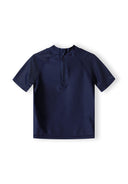 Boys swimwear 2 piece rash top and shorts bright orange 9m-8y, short sleeve rash top, navy blue, low stand-up collar.