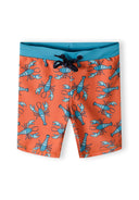 Boys swimwear 2 piece rash top and shorts bright orange 9m-8y. Bright orange swim shorts with lobsters, elastic waistband, and drawstring tie.
