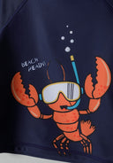 Navy rash top featuring a fun cartoon lobster design with snorkel and 'BEACH READY!' text for boys swimwear 2 piece rash top and shorts bright orange 9m-8y.