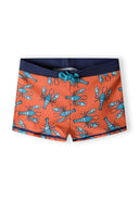 Boys rash shorts in bright orange with lobster print, front view, elastic waistband with drawstrings.