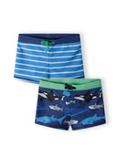 Boys rash shorts 2 pack, close-up view, one with stripes and one with shark print.