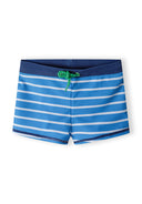 Boys rash shorts 2 pack elasticated waistband navy 9m-8y. Striped design in blue with a green drawstring. Designed for outdoor water activities.