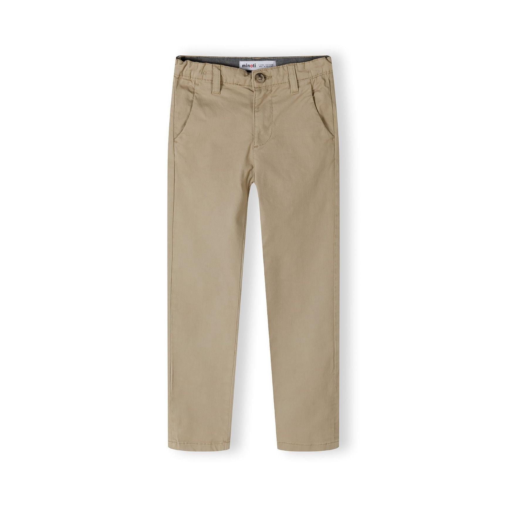Back view of beige chino trousers showing rear pockets and straight-leg silhouette on white background