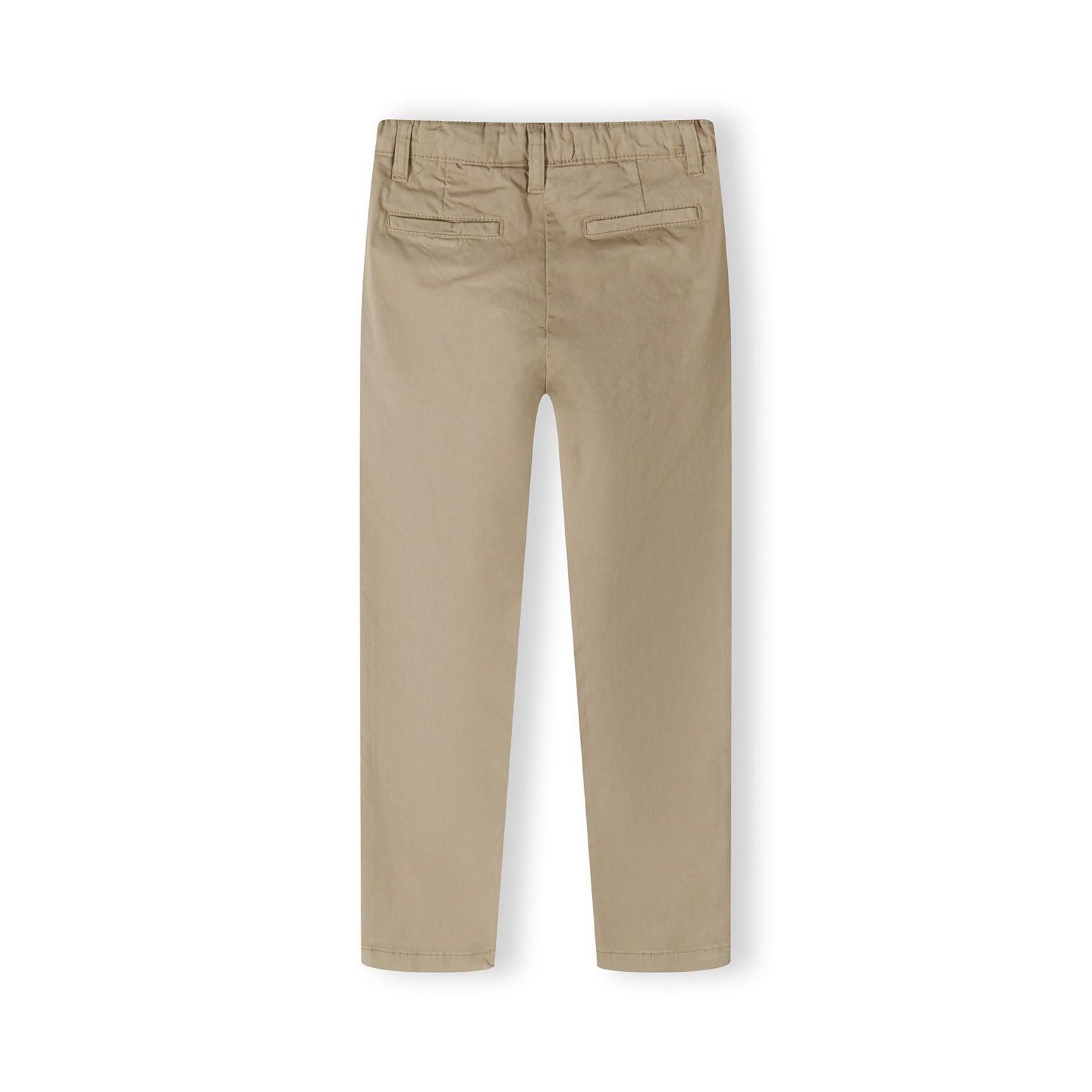 Back view of beige chino trousers showing rear pockets and straight-leg silhouette on white background