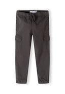 Boys grey woven cargo trousers, front view, featuring elastic waistband and side pockets.