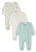 Set of three soft baby sleepsuits with unique safari and polka dot designs and a pastel striped pattern.