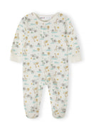 Baby sleepsuit with cream safari animal print design, soft breathable cotton for infants 0-24 months.