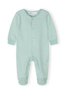 Soft mint green baby sleepsuit with subtle white stripes and snap buttons for easy dressing and comfort.