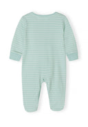 Back view of a soft breathable baby sleepsuit in pale green with subtle white stripes and long sleeves design.