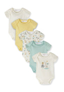 Set of five short sleeve baby bodysuits in soft colors featuring safari animal designs and assorted prints for infants.