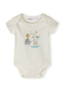 Cream baby bodysuit with short sleeves and safari animal print featuring elephant, giraffe, and lion design.
