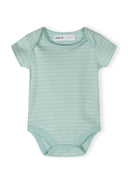 Light green short sleeve baby bodysuit with subtle white stripes and envelope neckline design