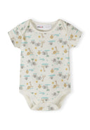 Cream short sleeve baby bodysuit with cute safari animal print and envelope neckline design.