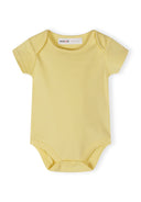 Soft yellow short sleeve baby bodysuit with envelope neckline and snap closure for easy dressing.