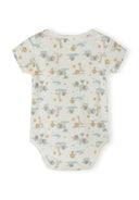 Cream baby bodysuit with short sleeves and playful safari animal print, designed for comfort and style.