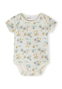 Cream baby bodysuit with short sleeves featuring a charming safari animal print and soft fabric design.
