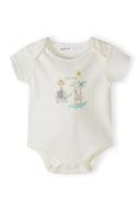 Cream cotton baby bodysuit with cute animal friends design, soft and comfortable for infants 0-6 months.