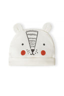 Cream baby hat with bear face design and small ears, soft cotton for 0-6 months old infants.
