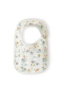 Cream baby bib with cute animal and nature design for unisex infants aged 0-6 months.