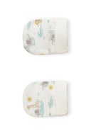 Pair of soft cream baby mittens with animal prints and a cozy cuff design for newborns 0-6 months.
