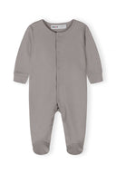 Simple grey baby sleepsuit with long sleeves and footed design, featuring snap buttons for easy dressing.